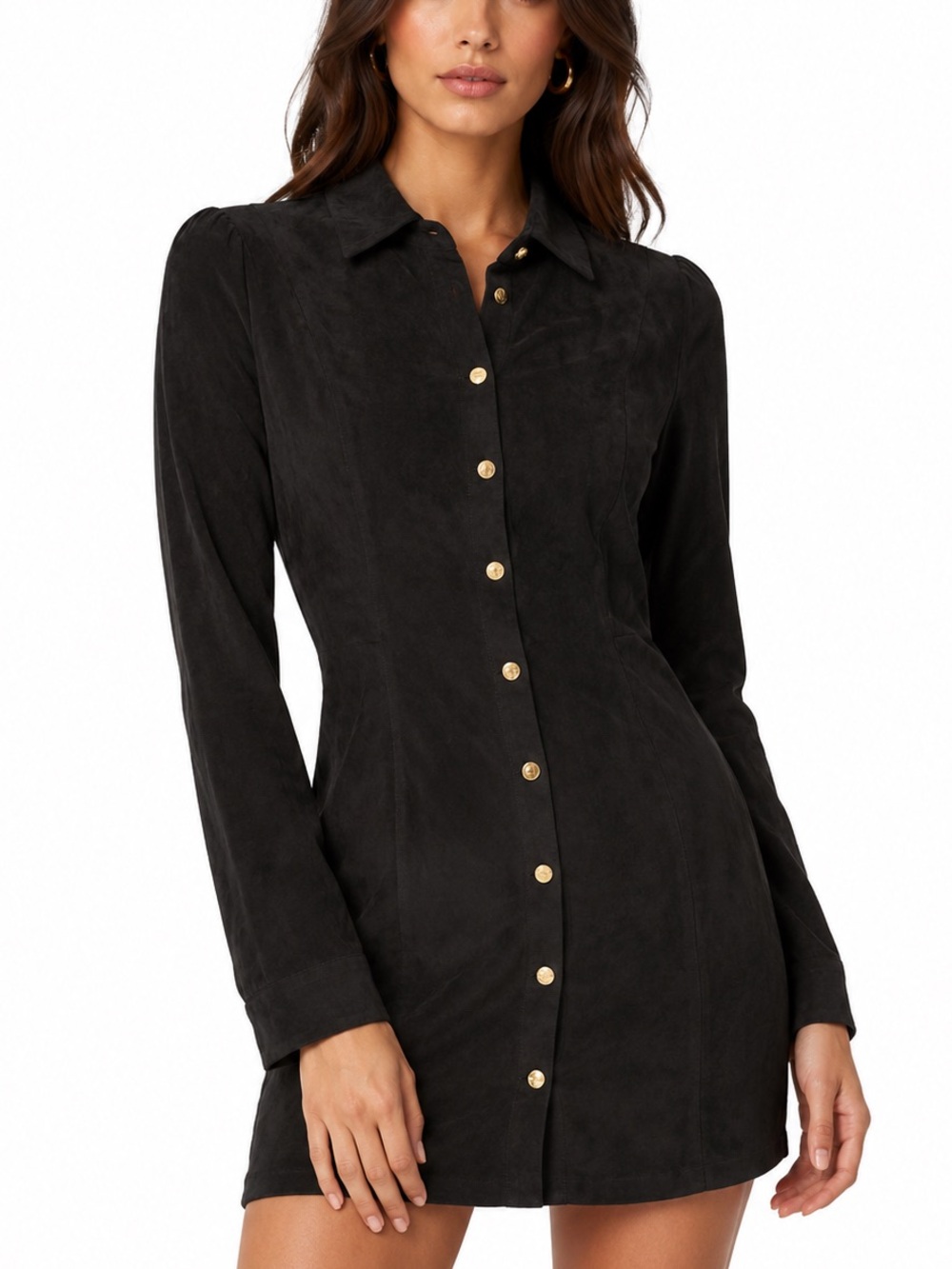 Olivaceous Black Button-Front Suede-Style Dress with Gold Accents